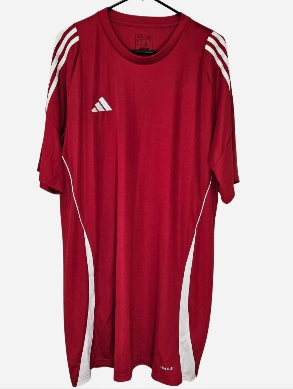 Adidas red soccer jersey white stripes on shoulders & sides Size XLT3=3XL TALL